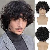 cheap Mens Wigs-Mens Short Curly Black Wig with Bang Synthetic Cosplay Costume Party Natural Hair Wig