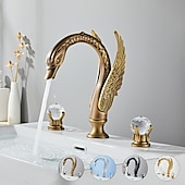 cheap Multi Holes-Widespread Bathroom Sink Mixer Faucet Swan Shape, Vintage Brass 3 Hole 2 Handle Basin Tap Deck Mounted, Washroom Basin Vessel Water Tap with Hot and Cold Hose