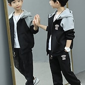 cheap Sets-2 Pieces Kids Boys Tracksuits Outfit Color Block Letter Long Sleeve Cotton Set Sports Winter Fall 7-13 Years Black Gray