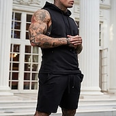 baratos Conjuntos de Camisas para Homem-Homens Ternos-Camiseta Moletom Camisa de tênis Conjunto de shorts e camiseta Sem Manga Manga Curta Com Capuz Verão Cor Sólida Esportes Designer Roupa de Esporte Com Cordão 2 Peças Ao ar livre Rua