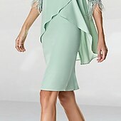 levne Délka čaje-Rukávové Koktejlové Šaty Elegantní Šaty Párty Oblek Svatební Párty Kolenní Délka 3/4 Rukáv Krystalový Krk Podzimní Svatební Host Chiffon s Pírky Volány S Důrazem na Velikost na Míru