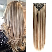 baratos Clip nas extensões-grampo em extensões de cabelo apliques de cabelo de 22 polegadas 7 peças/conjunto grampo em extensão de cabelo fibra sintética resistente ao calor para mulheres de uso diário fazer extensões de cabelo