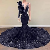 preiswerte ROT-Meerjungfrau Abendkleid Pailletten Elegantes Kleid Verlobung Formelles Abendkleid Gerichtsschleppe Langarm Ein Schulter Maskeradenkleid