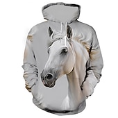baratos Moletons masculinos com capuz-Homens Animal Cavalo Moletom Moletons Moletom com capuz Manga Longa Moletom com capuz Com Capuz Roupa de rua Impressão 3D Diário Esportes Branco Rosa Imprimir Primavera &amp; Outono Designer