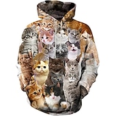 abordables Estampado animal-Hombre Graphic Caricatura Gato Sudadera Sudaderas Activo Estilo lindo Manga Larga Con Capucha Diario Azul vaquero Negro Bolsillo delantero Diseñador