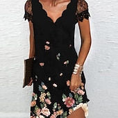 preiswerte Kleider für die Arbeit-Damen Midikleid Casual kleid Etuikleid Elegant Modisch Basic Spitzenärmel Urlaub Täglich Festtage Regular Fit Blumen Kurzarm V Ausschnitt Gezackter Hals Schwarz Regenbogen Sommer Frühling