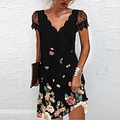 preiswerte Kleider für die Arbeit-Damen Midikleid Casual kleid Etuikleid Elegant Modisch Basic Spitzenärmel Urlaub Täglich Festtage Regular Fit Blumen Kurzarm V Ausschnitt Gezackter Hals Schwarz Regenbogen Sommer Frühling