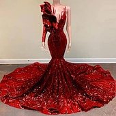 preiswerte ROT-Meerjungfrau Abendkleid Pailletten Elegantes Kleid Verlobung Formelles Abendkleid Gerichtsschleppe Langarm Ein Schulter Maskeradenkleid