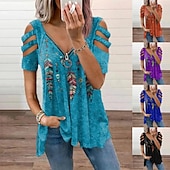 economico Top Grafici da Donna-donne top t-shirt hollow-out spalla manica corta camicetta casual camicie esplosive stampa piuma scollo a V cerniera camicia