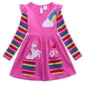 preiswerte Kleider mit Einhornmotiv-Kinder Wenig Mädchen Kleid Einhorn Regenbogen Blume Tier T Shirt Kleid Zeichentrickfilm Mit Taschen Druck Blau Gelb Fuchsie Übers Knie Langarm Aktiv Freizeit Kleider Normale Passform 2-8 Jahre