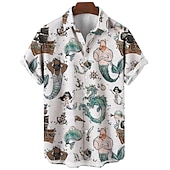 cheap Retro Vintage Print-Men&#039;s Mermaid Shirt Summer Hawaiian Shirt Aloha Shirt Short Sleeves Shirt Turndown Vintage Fashion Designer Outdoor Street Casual Black White Yellow 3D Print S M L