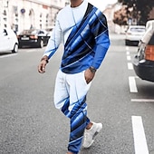 abordables Sudaderas 3D para hombre-Sudadera y pantalones a rayas para hombre, sudadera con capucha gráfica, conjunto de sudaderas con capucha, rojo, azul, gris claro, cuello redondo, bloque de color, estampado de 2 piezas,