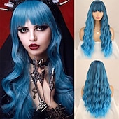 baratos Perucas de festa-Peruca Longa Ondulada Vermelha com Franja Peruca Sintética Longo Cabelo Vermelho para Mulheres Vermelho Vinho Cacheado Fantasia Peruca Borgonha para Uso em Festas Dia a Dia Perucas de Halloween
