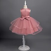 abordables Robes à Fleurs pour Filles-Tout-petit Fille Robe de Soirée Couleur Unie Sans manches Performance Mariage Noeud de cravate Adorable Princesse Polyester Mi-long Robe en Tulle Été Printemps 3-7 Ans Multicouleur Blanche Champagne