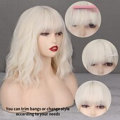 preiswerte Trendige synthetische Perücken-kurze platinblonde Damenperücken weißblonde gewellte Perücke mit Pony mittellange platinblonde gewellte Synthetikperücke für den täglichen Gebrauch