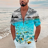 billige Ocean Print-Herre Landskap Tropisk Fisk Skjorte Hawaii skjorte Camp skjorte Kortermet Skjorte Aftæpning Mote Hawaiisk Designer utendørs Gate Avslappet Svart Navyblå Marineblå 3D-utskrift S M L