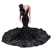 preiswerte ROT-Meerjungfrau Abendkleid Pailletten Elegantes Kleid Verlobung Formelles Abendkleid Gerichtsschleppe Langarm Ein Schulter Maskeradenkleid