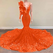 preiswerte ROT-Meerjungfrau Abendkleid Pailletten Elegantes Kleid Verlobung Formelles Abendkleid Gerichtsschleppe Langarm Ein Schulter Maskeradenkleid