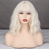 preiswerte Trendige synthetische Perücken-kurze platinblonde Damenperücken weißblonde gewellte Perücke mit Pony mittellange platinblonde gewellte Synthetikperücke für den täglichen Gebrauch