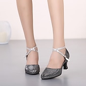 abordables Chaussures de bal, de danse moderne-Chaussures de danse à paillettes dorées pour femmes – talons élégants à bride à la cheville avec semelle en daim souple et accents métalliques pour la danse de salon, la danse latine et les occasions spéciales