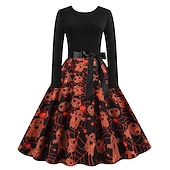 voordelige Jurken-Jaren '50 Retro vintage Over de knie Jurken Swing Jurk Flare Jurk Lange Mouwen Halloween Wijd uitlopend Schommel Kostuum Dames Halloween Halloween Volwassenen Kleding