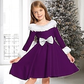 preiswerte Weihnachtskleider für Kinder-kinderkleidung Mädchen Kleid Feste Farbe Langarm Casual Pelzkragen Rundhalsausschnitt bezaubernd Täglich Polyester Übers Knie Casual kleid Schaukelkleid A Linie Kleid Herbst Winter 2-13 Jahre Schwarz