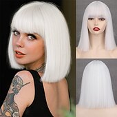 cheap Synthetic Trendy Wigs-Short Bob White Wig with Bangs Silver White Short Wigs for Women Straight Bob White Cospaly Hair Wig for Daily Party Halloween