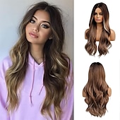 abordables Perruques Synthétiques Sans Bonnet-longue ondulée ombre brun à blonde perruques pour les femmes cheveux synthétiques résistant à la chaleur ombre perruque pour la fête quotidienne utilisation cosplay-24 pouces barbiecore perruques