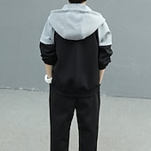 cheap Sets-2 Pieces Kids Boys Tracksuits Outfit Color Block Letter Long Sleeve Cotton Set Sports Winter Fall 7-13 Years Black Gray