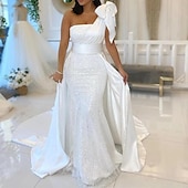 cheap Casual Wedding Dresses-Hall Wedding Dresses Mermaid One Shoulder Sleeveless Chapel Train Sequined Bridal Gowns With Bow(s) Sequin