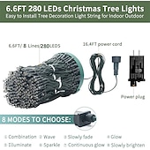 baratos Luzes de cordas de férias-Luzes de Natal em Corda para Árvore Decorações Plug 2M/6.56FT x 8 Linhas com Anel 280LED Fáceis de Instalar Luzes de Corda de Natal com 8 Modos Decorações de Natal ao Ar Livre e Interiores para