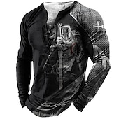 voordelige Vintage T-shirts-Voor heren T-shirt T-shirts Grafisch Tempelierskruis Henley Zwart Licht Bruin Bruin Donkergrijs 3D-afdrukken Knight Grote maten Buiten Straat Lange mouw Veters Afdrukken Kleding Ontwerper Stijlvol
