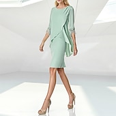 levne Délka čaje-Rukávové Koktejlové Šaty Elegantní Šaty Párty Oblek Svatební Párty Kolenní Délka 3/4 Rukáv Krystalový Krk Podzimní Svatební Host Chiffon s Pírky Volány S Důrazem na Velikost na Míru