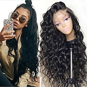 abordables Perruques Synthétiques Sans Bonnet-perruques vertes pour femmes remplacement de cheveux résistant à la chaleur vague de corps profonde perruque partie moyenne synthétique petite perruque de lacet pour la fête de noël perruque de fête