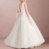 abordables Robes de petite fille-Robe de demoiselle d'honneur princesse longueur sol pour mariage à la plage première communion robe de bal mignonne satin avec nœud(s) taille pour 3-16 ans robe à impressionner