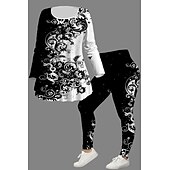 cheap Two Piece Sets-Women&#039;s 2 Pieces Casual Set Long Sleeve Crew Neck Floral Print Daily Going out Weekend Black And White Gray Black Black Fall Regular Fit