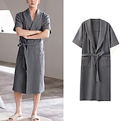 Недорогие Халаты-Муж. Халат Банные халаты Банный халат Полотенце Халат Чистый цвет Мода Простой Классический Дом Хлопок Комфорт Дышащий Погруженный декольте Длинная мантия Карман Пояс в комплекте Лето