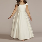 billige Blomsterpikekjoler-Strandbryllup A-Linje Gulvlengde Blomsterpikekjole Første Kommunion Jenters Søte Prom Kjole Satin med Drapering Elegant Passform 3-16 År Kjole å imponere