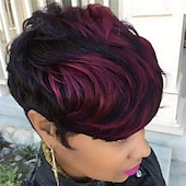 preiswerte Hochwertige Perücken-Ombre rote Pixie-Perücke kurze geschichtete natürliche synthetische Perücke mit Pony kurze ombre burgunderrote Pixie-Schnitthaarperücken für Frauen kurze Perücken für schwarze Frauen afroamerikanische