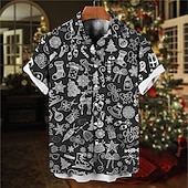 billiga Julgransoutfit-Herr Skjorta Grafiska tryck Graffiti Nedvikt Svart Vit 3D-tryck Jul Gata Kort ärm Button-Down Mönster Kläder Mode Designer Lättvikt Ledigt