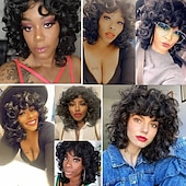 baratos Perucas de Qualidade Superior-perucas curtas encaracoladas para mulheres negras peruca preta macia grande encaracolada com franja cachos afro crespos resistentes ao calor peruca sintética de aparência natural para mulheres