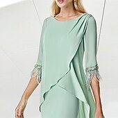 levne Délka čaje-Rukávové Koktejlové Šaty Elegantní Šaty Párty Oblek Svatební Párty Kolenní Délka 3/4 Rukáv Krystalový Krk Podzimní Svatební Host Chiffon s Pírky Volány S Důrazem na Velikost na Míru