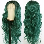 abordables Perruques Synthétiques Sans Bonnet-perruques vertes pour femmes remplacement de cheveux résistant à la chaleur vague de corps profonde perruque partie moyenne synthétique petite perruque de lacet pour la fête de noël perruque de fête
