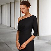 cheap Floor Length-A-Line Mother of the Bride Dress Wedding Guest Elegant Vintage One Shoulder Floor Length Charmeuse 3/4 Length Sleeve with Ruffles Side-Draped free custom size