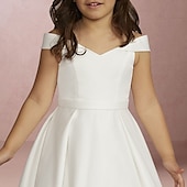 billige Blomsterpikekjoler-Strandbryllup A-Linje Gulvlengde Blomsterpikekjole Første Kommunion Jenters Søte Prom Kjole Satin med Drapering Elegant Passform 3-16 År Kjole å imponere