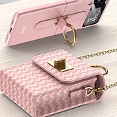 お買い得  サムスン用ケース-サムスン Galaxy Z Flip 4/3/2 バックカバー 防塵 取り外し可能なクロスボディストラップ付き ショックプルーフ ソリッドカラー TPU PUレザー（バッグのみ）