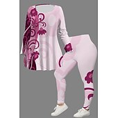 cheap Two Piece Sets-Women&#039;s 2 Pieces Casual Set Long Sleeve Crew Neck Floral Print Daily Going out Weekend Black And White Gray Black Black Fall Regular Fit