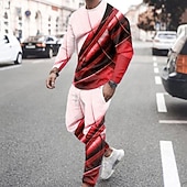 abordables Sudaderas 3D para hombre-Sudadera y pantalones a rayas para hombre, sudadera con capucha gráfica, conjunto de sudaderas con capucha, rojo, azul, gris claro, cuello redondo, bloque de color, estampado de 2 piezas,