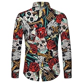 economico Giorno dei Morti Costume-Per uomo Rosa Floreale Teschi Camicia Manica lunga Di tendenza Originale Informale Halloween Strada Informale Autunno inverno Collo ripiegabile Stampa Bottone giù Nero e rosso Vinaccia Nero Bianco