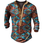 Χαμηλού Κόστους Ethnic Style-Ανδρικά Μπλουζάκι Πουκάμισο Henley Γραφική Γεωμετρία Χένλι Λευκό Θαλασσί Καμηλό Καφέ 3D εκτύπωση Δρόμος Causal Μακρυμάνικο Κουμπί-Κάτω Στάμπα Ρούχα Στυλάτο Βίντατζ Βασικό Κλασσικό
